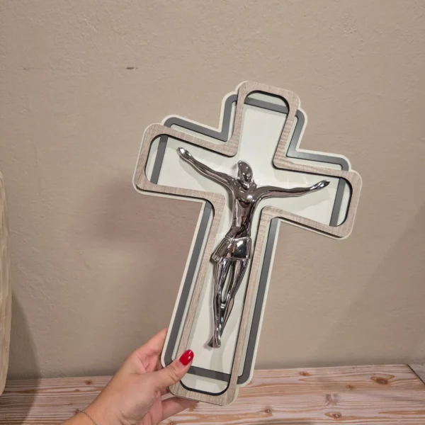 Crocifisso Elite Bianco e Grigio con Cristo Argentato